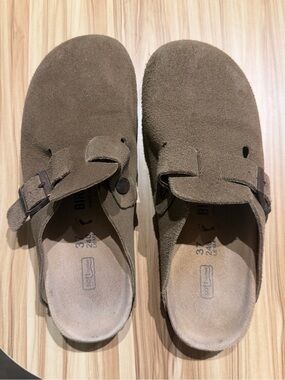 Birkenstock Kids Olive Brown Suede Slip-On Clogs with Buckle